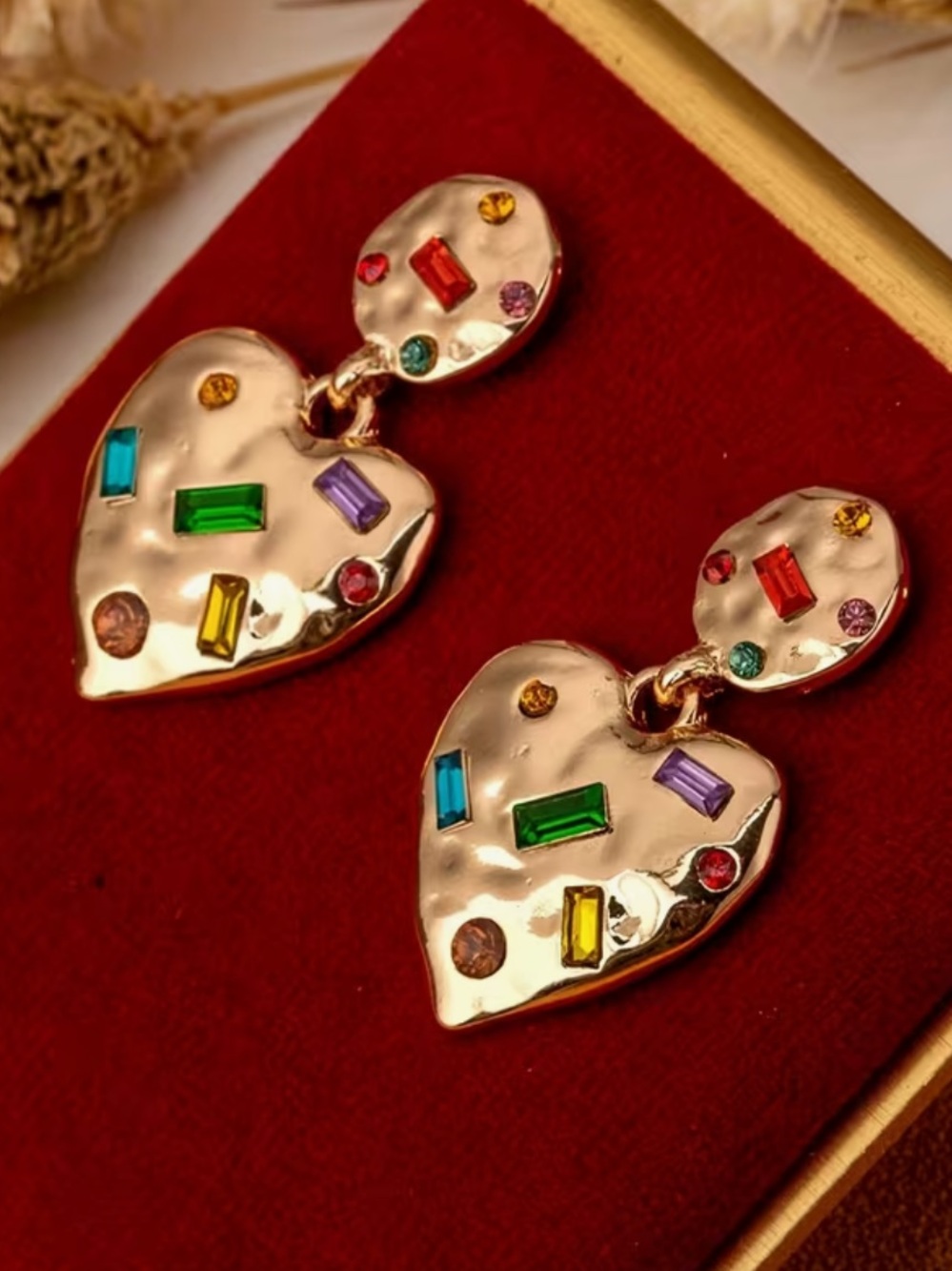 NWOT Gold Heart Drop Earrings with Multicolor Crystal Accents